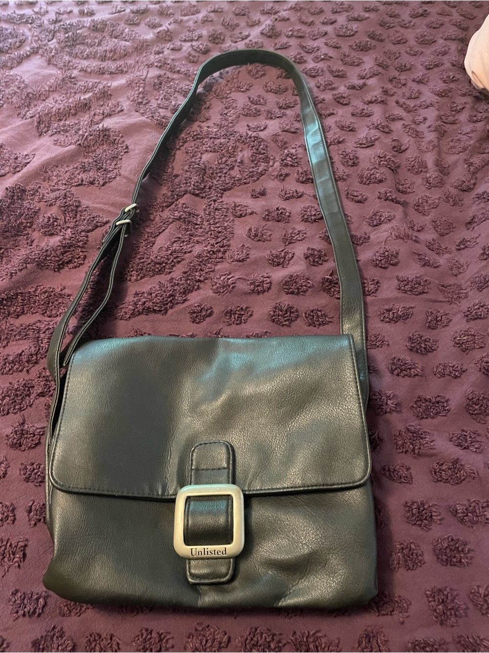Unlisted by Kenneth Cole Black Leather Shoulder Bag with Buckle Accent